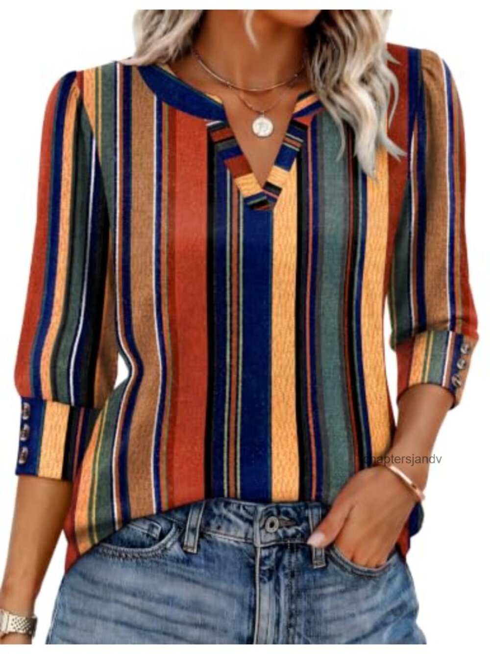 Ekouaer 3/4 Sleeve V Neck Blouse Puff Shoulder Casual Work Top